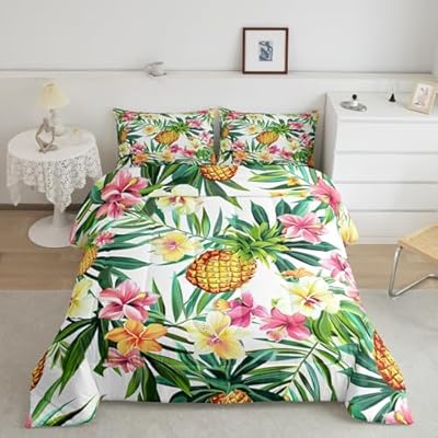 Feelyou Cartoon Pineapple Comforter Tropical Flower Comforter Set for Kids Boys Girls Palm Leaf Flower Pineapple Bedding Set Summer Fruit Style Quilt Set with 2 Pillowcases 3Pcs Bedding Full 51KM1tjd19L. SS400