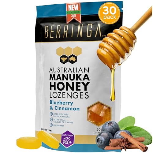 Berringa Australian Super Manuka Honey Lozenges Certified MGO 900+ 30 Pack Lollies, Natural Soothing Honey Candy, Throat & Cough Relief, Genuine Antibacterial Thoothers Drops 150g (30-Pack, Blueberry & Cinnamon)