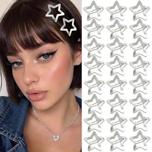 NAISKA 24PCS Star Hair Clips 2000s Y2K Hair Barrettes Silver Non Snap Clips for Cool Girls Metal Pins Star Alligator Clip Rave Hair Accessories for Women Girls
