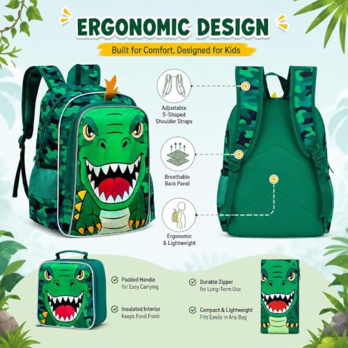 Image of 16 inch Dinosaur Backpack for Boys, 3Pcs Dino Kids Bookbag with Lunch Box, School Backpacks for Elementary Preschool Kindergarten (Green)