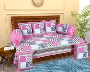 Ruby Creation 100% Cotton Diwan Set Bed Sheet Width 60 Inch Length 90 inch Cushion Cover Length 15 inch /40 cm Width 15 inch /40 cm bloster Cover Length 29 inch /75cm(Pink & Grey)