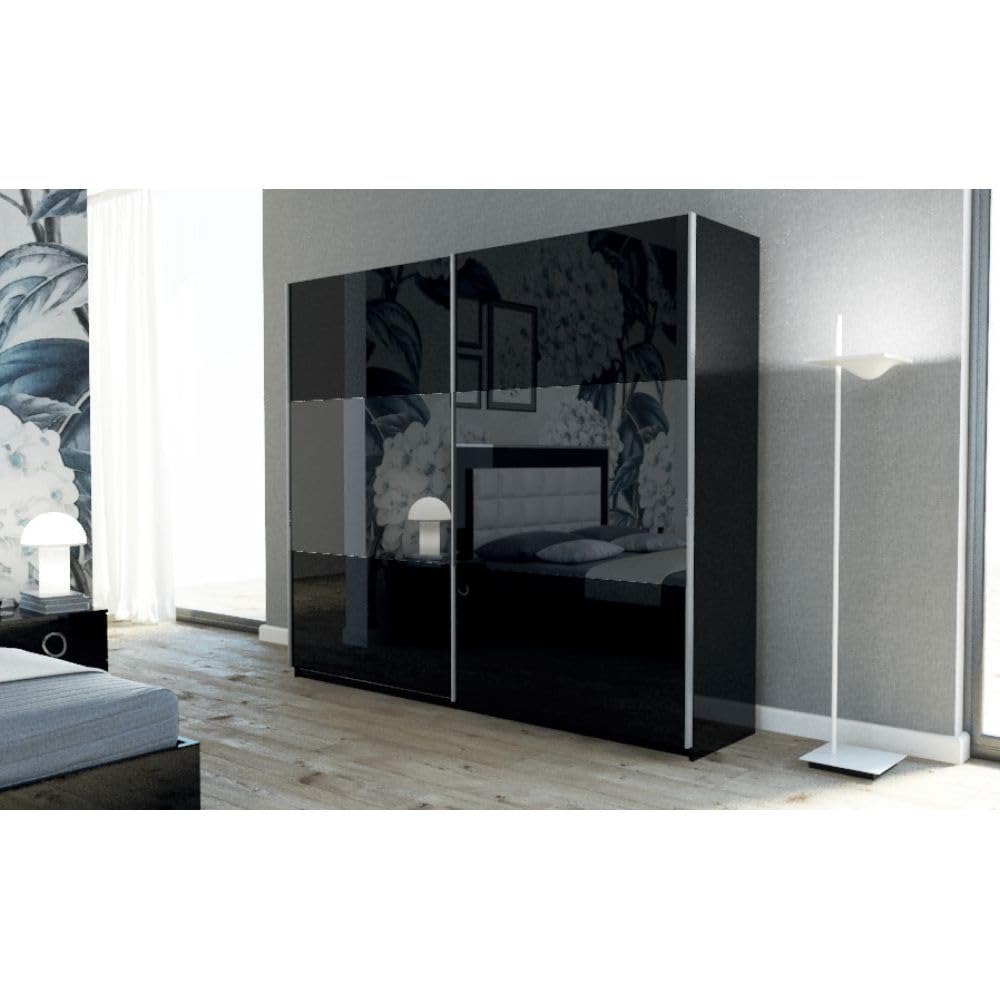 Danube Home Morada 2 Sliding Door Wardrobe | Made in Italy |Extra Sturdy Closet, Clothes Storage Cupboard | Modern Design Sliding Door Cabinet For Bedroom L 200 x W 63 x H 205 cm - High Gloss Black
