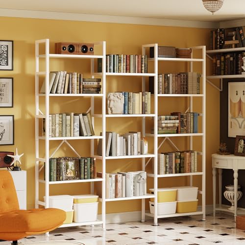 Image of SUPERJARE Triple Bookshelf, Bookcase with 14 Open Display Shelves, Wide Book Shelf Book Case for Home & Office, 5 Tier, White