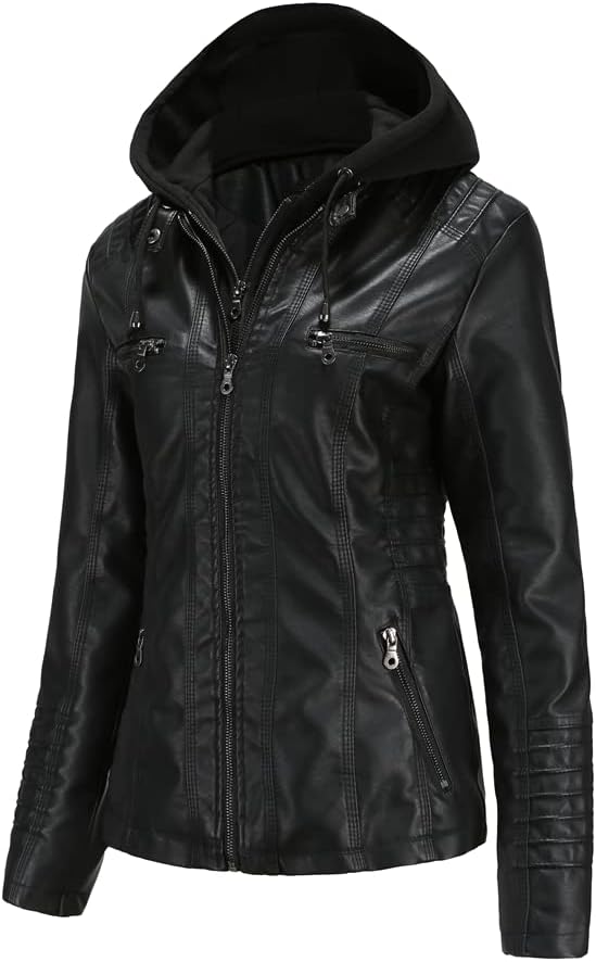 DEAR MODEL Faux Leather Jacket Hooded Coat for Biker with Removable Hood Plus Size