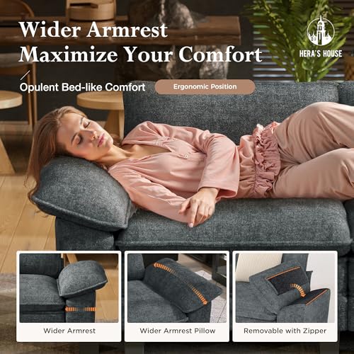 Image of HERA'S HOUSE 3-Seat L Shaped Modular Cloud Couch Sectional Sofa Ottoman | Modern 87.5 inch Couch, Cyan, Wider Armrest, Comfy Deep Seat, Soft Chenille Sofa for Living Room