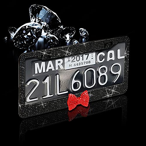 2 Pack Bling License Plate Frame，Handcrafted Bling Rhinestone Premium Stainless Steel License Plate Frame，14 Facets Clear Color Rhinestone Crystal (Black&Red-Bow) #TOP2