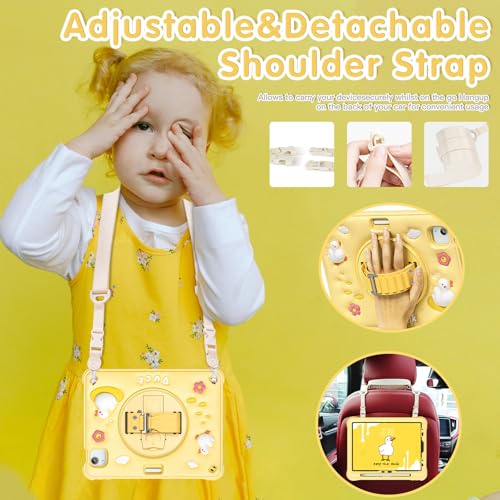 Image of ProElite Cover for iPad Air 11 M4 /M3 /M2 2026 /2025 /2024 / Pro 11 4th /3rd Gen /Air 5 /4 Gen 10.9 inch Case, Tough Bubble Kids Case with Pencil Holder with Rotating Kickstand & Shoulder Strap, Yellow