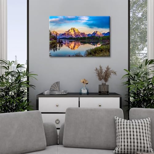 Image of Snowy Mountain Canvas Wall Art for Living Room Decor Nature Sunset Landscape Wall Paintings American Grand Teton National Park Panoramic Photography Pictures Prints Artwork Bedroom Decoration 16x24 inch