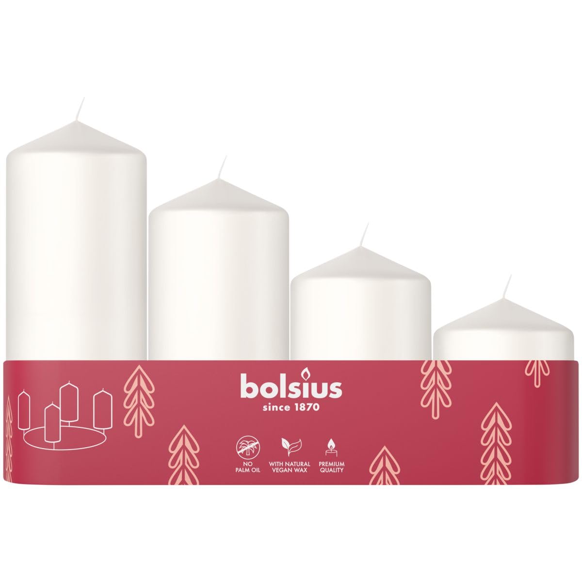 BOLSIUSSmooth Pillar Candles - Set of 4 - Advent - White - Various Sizes 12-10-8-6 cm - Decorative Candles - Long Burning Time - Unscented - with Natural Plant Wax - Without Palm Oil - Ø48mm