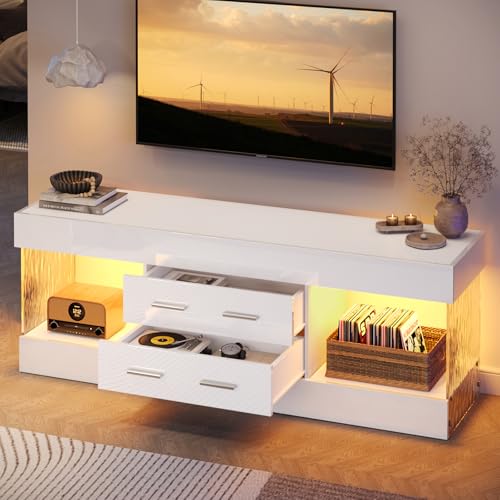 Image of Bestier Modern TV Stand for 65 Inch TV, White Entertainment Center | High Gloss White Finish, Stone Pattern Panels, LED Lights, 2 Large Storage Drawer, Living Room Media Console