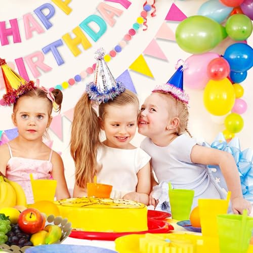 Image of CANREVEL Pre-Strung 3D Happy Birthday Banner, 3 PCS Happy Birthday Felt Garland, Pom Pom Garland, Triangle Fabric Garland Bunting, Reusable Birthday Decorations for Women Men Girls Boys, Pastel Candy
