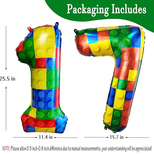 Image of 32 Inch Building Block Number 17 Balloons birthday Block Themed Large Big Helium Foil Mylar Balloon for Girls Boys Birthday Party Decoration Supplies