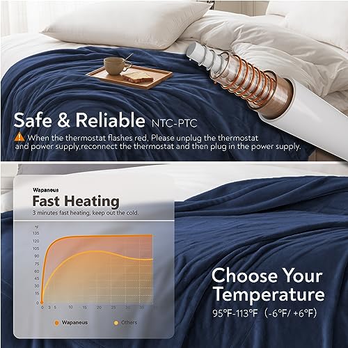 Image of Wapaneus Foot Pocket Heated Blanket Electric Throw with 10 Heating Levels and 4 Timer Settings 4 Hours Auto Shut Off, Flannel Fast-Heating Heated Throw 50 inch x 60 inch, Machine Washable, Dark Blue