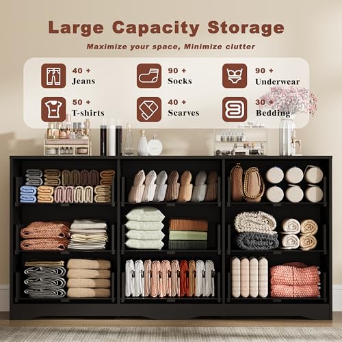 Image of Fluted 9 Drawer Dresser for Bedroom, 63 inch Wide Modern Wooden Chest of Drawers with Metal Handles, TV Stand & Closet Storage Organizer for Living Room,Hallway, Black