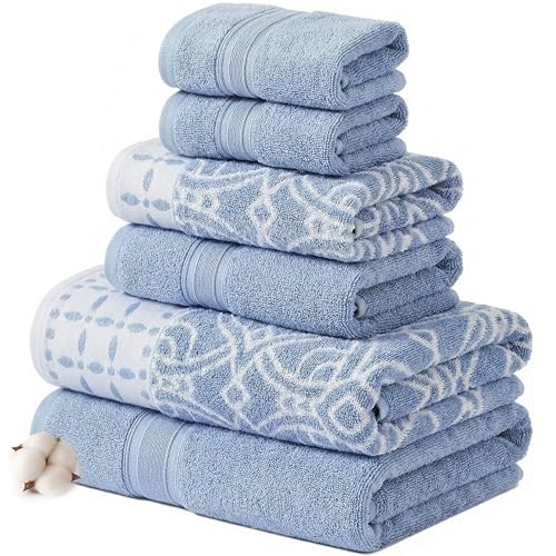 Modern Threads 6 Piece Set, 2 Bath Towels, 2 Hand Towels, 2 Washcloths Yarn Dyed Jacquard/Solid Towel Set Monroe Blue