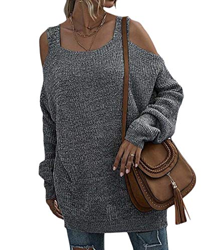 SELX Suéter feminino de manga comprida com gola redonda e vazamento, cor sólida, com cor lisa, Dark