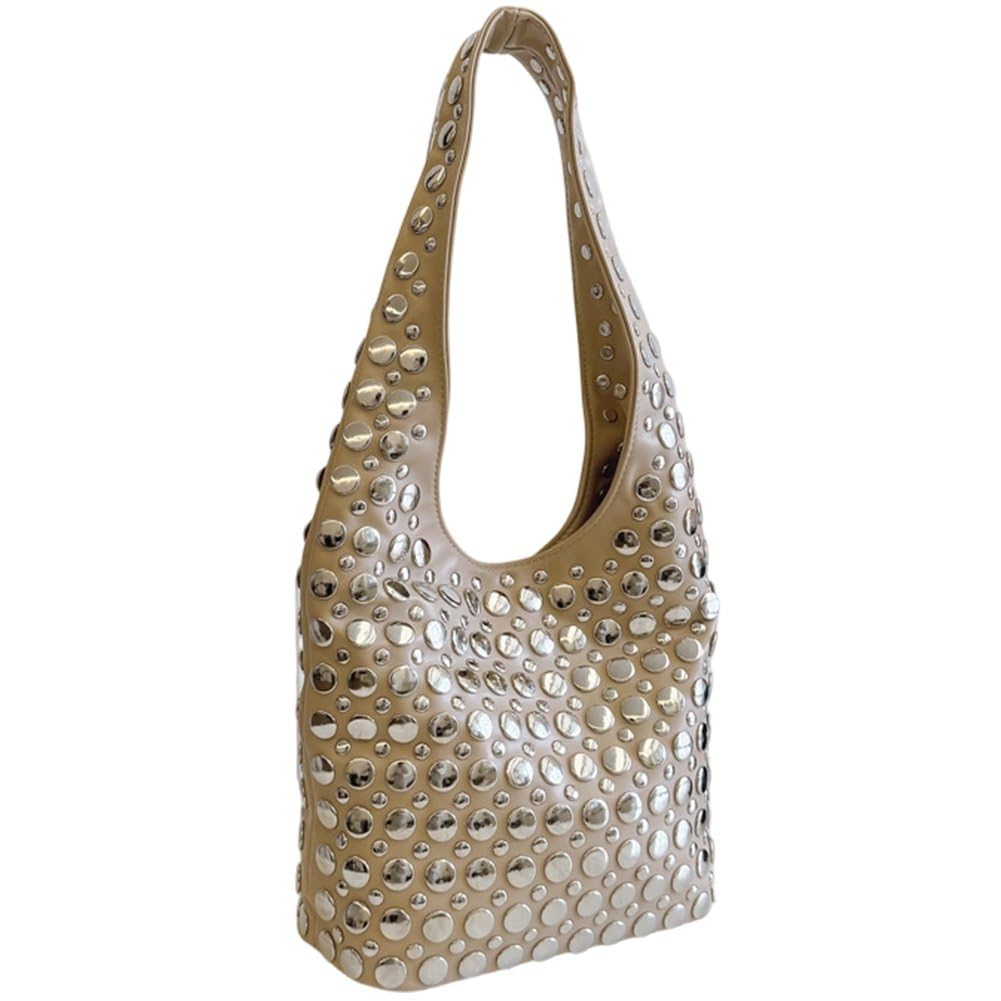Fituenly Women's Khaki Studded Hobo Bag Soft Leather Rivets Bucket Purse For Trendy Small Y2k Shoulder Tote Handbag