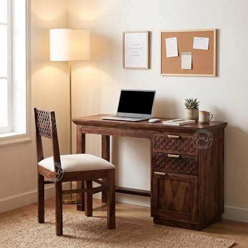 Image of NSH Solid Sheesham Wood Study Table with Chair | Wooden Writing Desk with Drawer & Door Storage | Pre-Assembled Computer Desk Workstation for Home Office & Study Room | Teak Finish