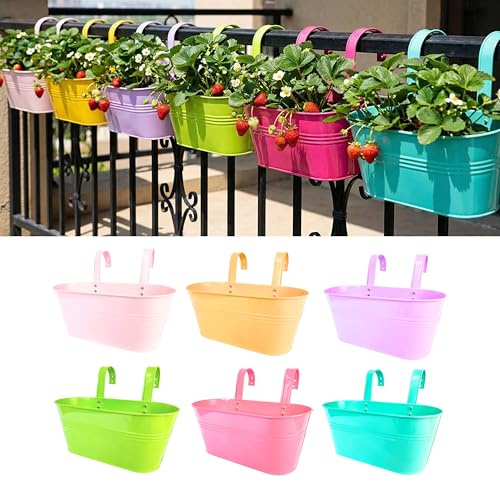 LaLaGreen Rail Planter Outdoor Plants (6 Pack, 9.8 Inch) Metal Iron Strawberry Hanging Flower Pots Deck Railing, Colorful Fence Bucket Modern Countryside Wall Mount Window Box Plant Holder Porch Decor