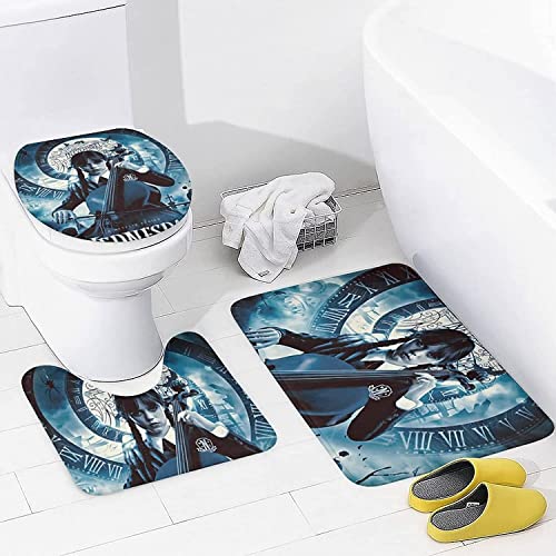 Wednesday Adams 4 Stück Duschvorhang Sets,enthalten Anti-Rutsch-Teppich,Toilettendeckel Abdeckung, Badematte Und Duschvorhang Wasserdicht Mit 12 Haken Für Bad (W1,90x180CM) – Bild 5