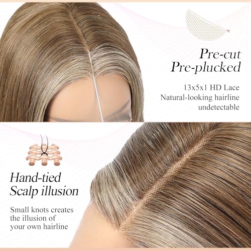 Image of EMMOR Human Hair Wig for Women 13x5x1 Inch HD Lace Front Wig 18 Inch Layered Glueless Wigs Pre-Plucked Hairline Human Hair Blend Premium Synthetic Fiber for Everyday Wear