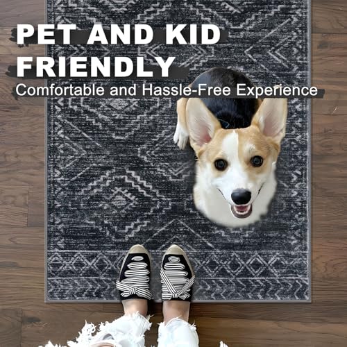 KILOCOCO Hallway Runner Rug 2'x8' Runners for Hallways Washable Runner Rug Non Slip Laundry Room Rug Low-Pile Rug Runner for Bedroom Kitchen Living Room Boho Rug, Charcoal