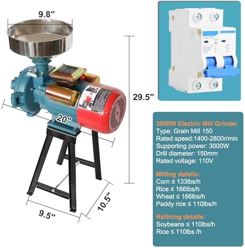 3000W Electric Corn Grinder - Versatile Wet & Dry Flour Mill for Rice, Corn, Wheat, Coffee & Grains - High-Power Cereal & Feed Milling Machine with Funnel