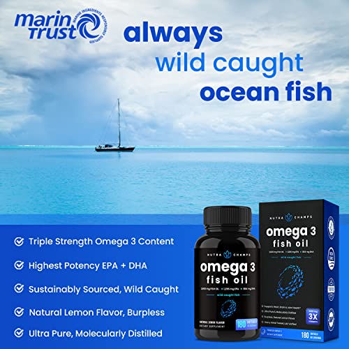Omega 3 Fish Oil Supplements 3600Mg With Epa & Dha | High Potency Omega 3 Supplement To Support Heart, Brain, Joints, Skin, Eyes & Immune Health | 180 Natural Lemon Burpless Fish Oil Capsules #TOP3