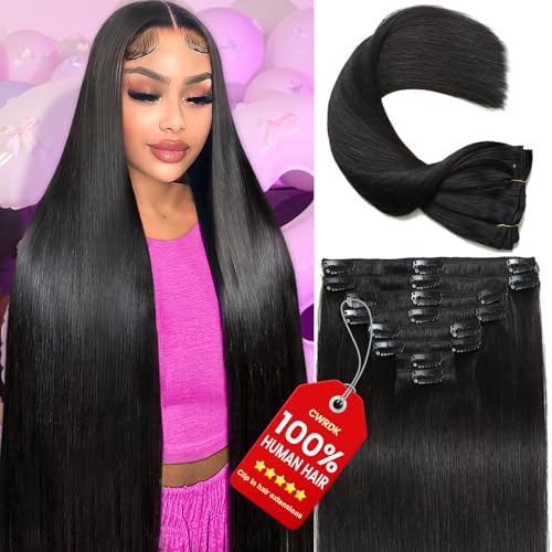 CWRDK Clip in Hair Extensions Real Human Hair 20inch 110g/3.8oz Invisible Remy Human Hair Extension Clip ins for Women Seamless Straight 8pcs Double Weft #1B Natural Black