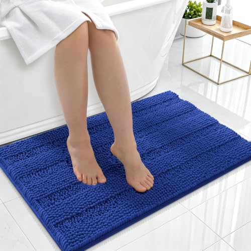 Image of Smiry Thick Chenille Bathroom Rugs 36x24, Extra Soft Absorbent Striped Bath Mat, Machine Washable, Rubber Backing, Bath Rugs for Bathroom, Tub & Shower, Home Decor Accessories, Royal Blue