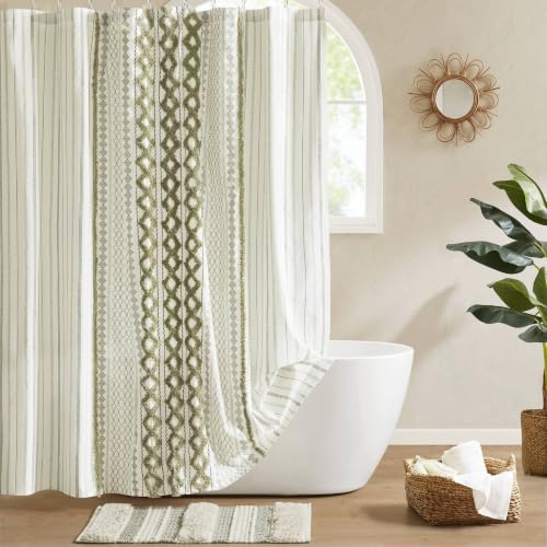 Image of INK+IVY Imani Tufted Chenille 100% Cotton Shower Curtain Boho Bath Curtains for Bathroom, Colorful Stripes Modern Farmhouse Shower Curtain, Bathtub Privacy Screen, Machine Washable 72 inch x 84 inch, Sage
