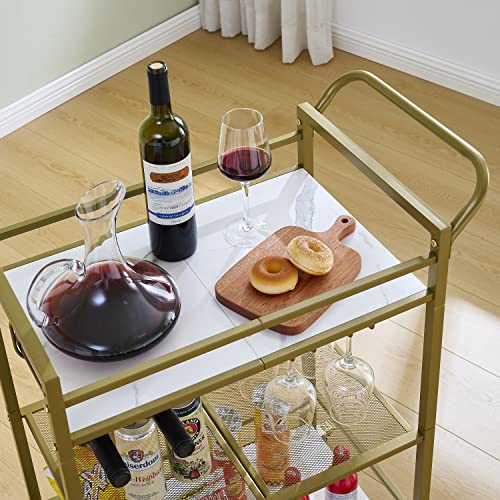 Tajsoon 3-Tier Bar Cart, Mobile Bar Serving Cart, Industrial Style Wine Cart For Kitchen, Beverage Cart With Wine Rack And Glass Holder, Rolling Drink Trolley For Living Room, Gold & White #TOP5