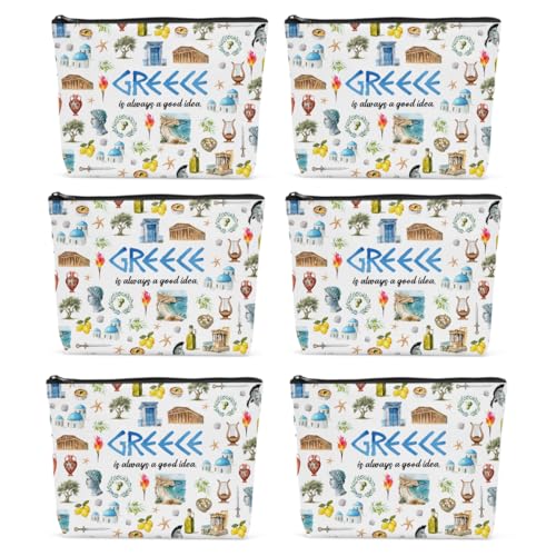 6PCS Greece Makeup Bag Greece Gift Greece Surprise Trip Gift Greece Is Always A Good Idea Zipper Pouch Cosmetics Bag for Women Travel Toiletry Bag Cosmetic Bag for Women