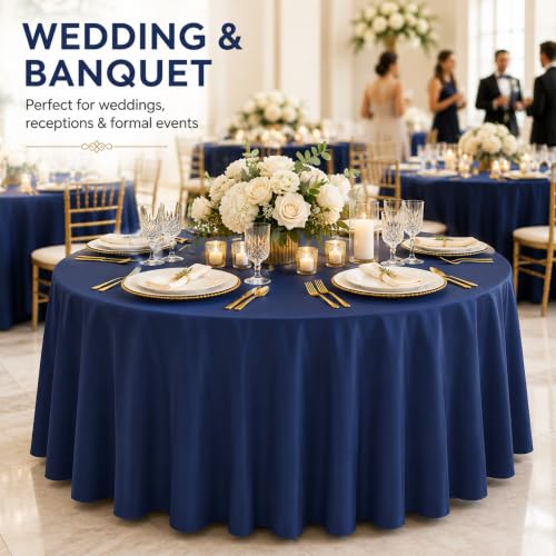 Image of WNINK 2 Pack Navy Blue Round Tablecloth, 84 Inch Disposable Plastic Table Covers, Navy Blue Round Table Cover for Birthday Parties, Holiday, Picnic, BBQ, Family Gathering Party Supplies