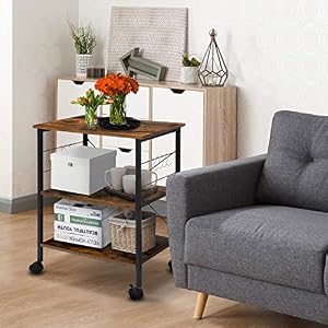 Kitchen Microwave Cart 3 Tier Bakers Rack Kitchen Utility Cart with Wheels Coffee Cart with Storage Microwave Stand with 10 Hooks for Kitchen Living Room Rustic Brown