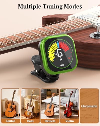 Image of New Bee Guitar Tuner Clip-On Rechargeable with Color Screen 360 Rotatable Acoustic Chromatic Open Tuning for Guitar, Bass, Ukulele, Violin (Green, 1 Pack)