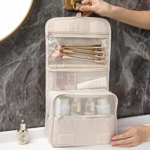 Image of CAVALO - Be Unique Nylon Polyester Large Capacity Portable Travel Toiletry Bag with Hanging Hook Waterproof Cosmetic Case Makeup Pouch Dopp Kit for Men Women with Carry Handle (Beige)