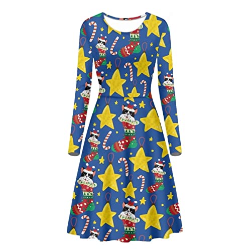 Robe de fête taille haute motif chien de Noël bleu en grande taille 4XL