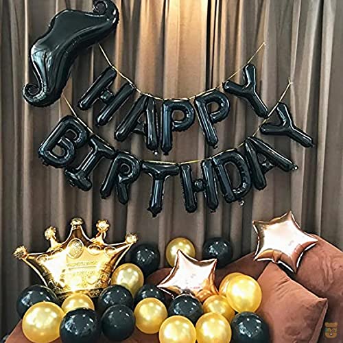 Image of Just Party 47 Pcs Happy Birthday Decoration Kit Combo - Black Letters , Golden Crown & Star Foil Balloons Theme Backdrop