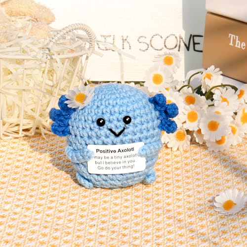 Image of Positive Crochet Axolotl Gifts, Handmade Emotional Support Crochet Animals, Inspirational Motivational Encouragement Gift Creative Cute Crochet Decorations Birthday Gift for Women Men-Blue