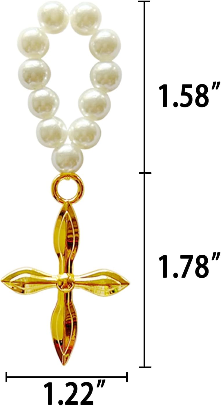 24PCS Mini Rosary Favors Baptism, Finger Rosary Ring, Gold Handheld Prayer Portable Cross with Pocket Pearl Embellished Crosses