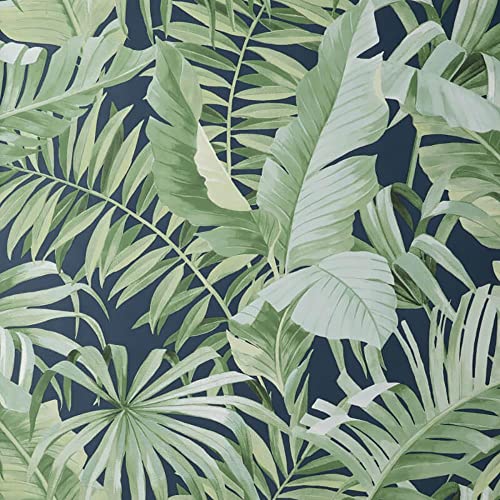 Full Roll Navy Green Maui Leaf Wallpaper Tropical Jungle Palm Modern Natural