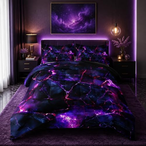 Image of Nttopship Purple Comforter Set Full Size,Purple Marble Bedding Set 3 Pcs Bedding for Adults,Violet Marble Room Decor with Soft and Lightweight Comforter and 2 Pillowcases