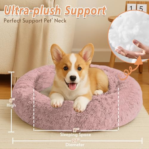Image of JOLLYVOGUE Calming Dog Bed Medium Size Dog, Anti-Anxiety Donut Medium Pet Bed, 27 inches Fluffy Faux Fur Round Cat Bed (Dark Pink)
