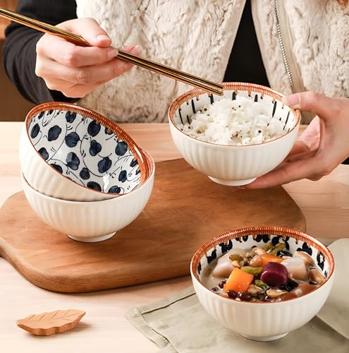 Image of yomith Ceramic Rice Bowls Set of 6, 300ml Japanese Bowls for Rice, Soup, Cereal, Dessert, Microwave & Dishwasher Safe, Blue Floral Series