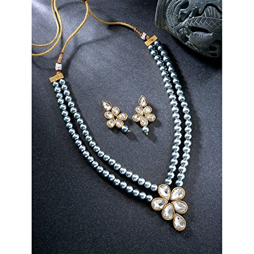 Image of Peora Crystal Faux Pearl Kundan Necklace & Jewellery Set Gift for Women
