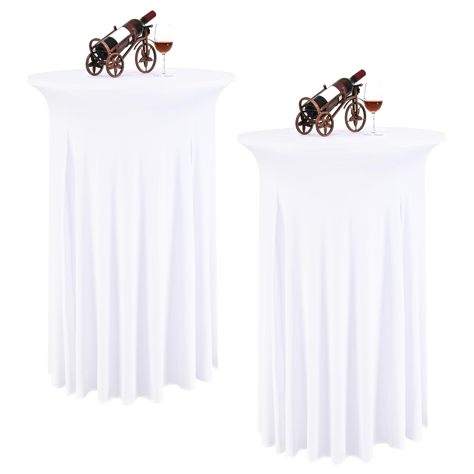 REWOMC 2 Packs Round Cocktail Table Skirt 24"x 43" Spandex Stretch Cocktail Tablecloth with Wavy Drapes, White Spandex Fitted High Top TableCovers for