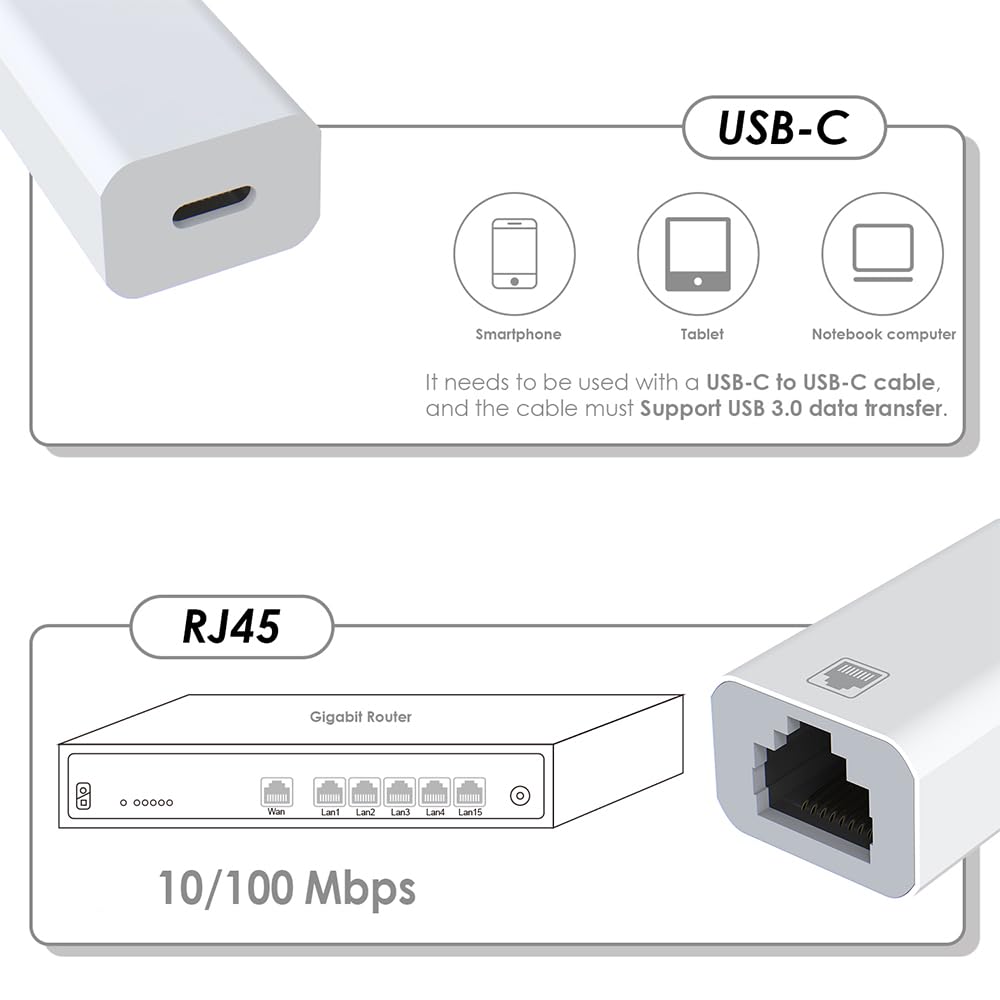 Adattatore Ethernet da USB C a RJ45, convertitore LAN di rete Gigabit 1000 Mbps, USB-C femmina a RJ45 femmina, hub Ethernet cablato per laptop, PC, tablet, bianco