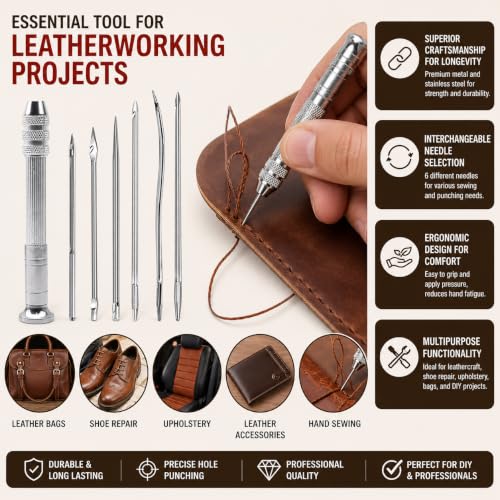 Image of Paritirth 7-in-1 Sewing Awl and Needle Set, Stainless Steel Leather Stitching Repair Tool Kit for Shoes, Bags, Canvas, Upholstery & DIY Craft