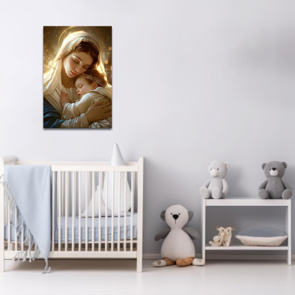 ZQQART Virgin Mary Canvas Wall Art - Baby Jesus Nestled in Mary Picture Prints - Religious Christian Wall Decor - Frame Ready to Hang (12.00" x 18.00")